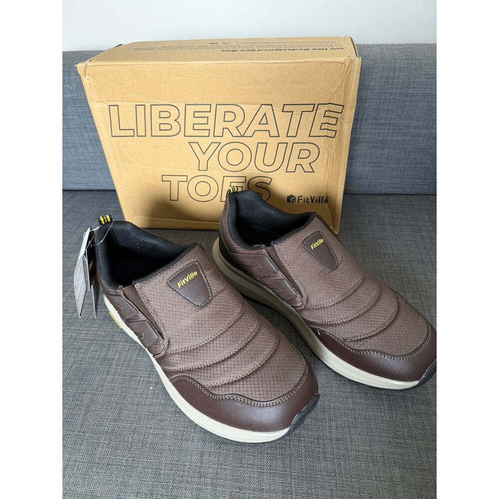 NIB FitVille Explorer V2 Mens Size 12 EW Brown Extra Wide Slip On Walking Shoes